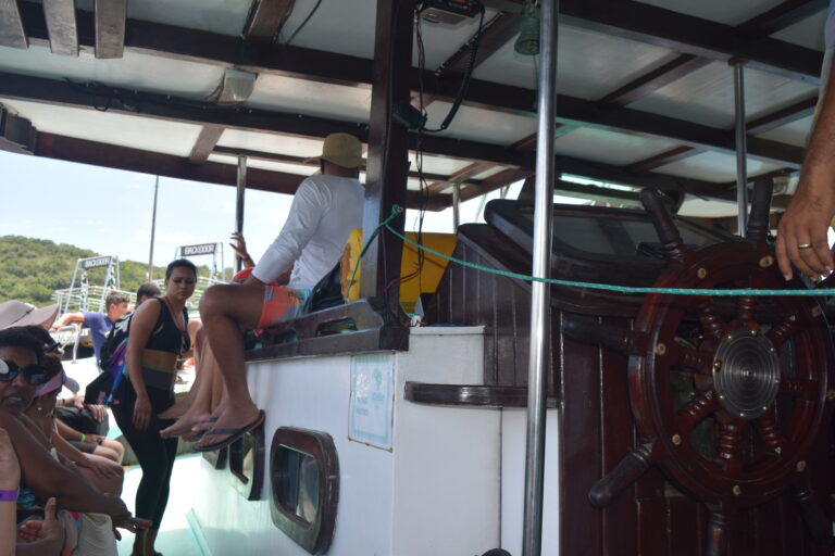 Imagem de pessoas sentadas no interior do barco apreciando a paissagem